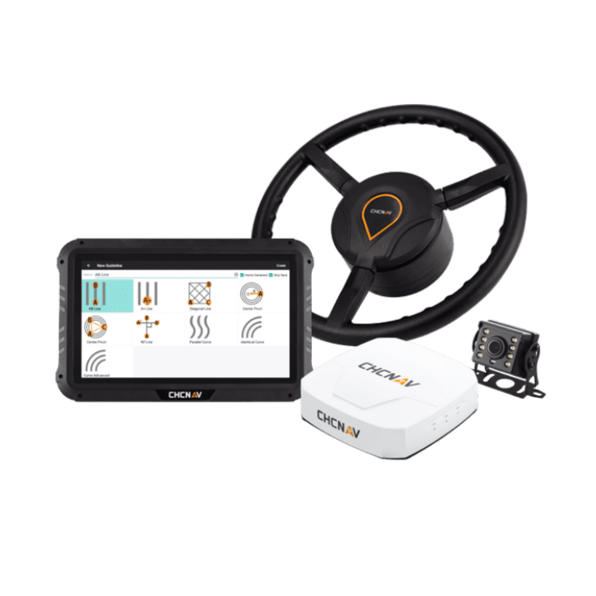 Complete CHCNAV NX510 autosteering kit including receiver, IMU, cables, and display
