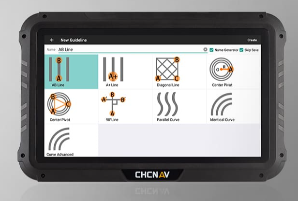 AB-line guidance interface on NX510 display showing steering patterns