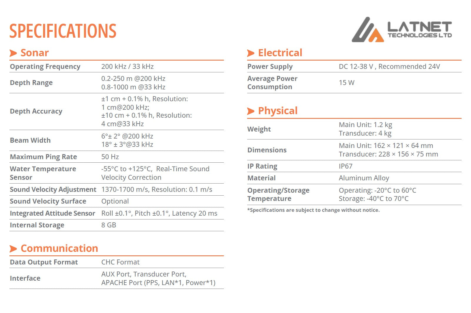 CHCNAV D60 Dual-frequency echosounder specifications
